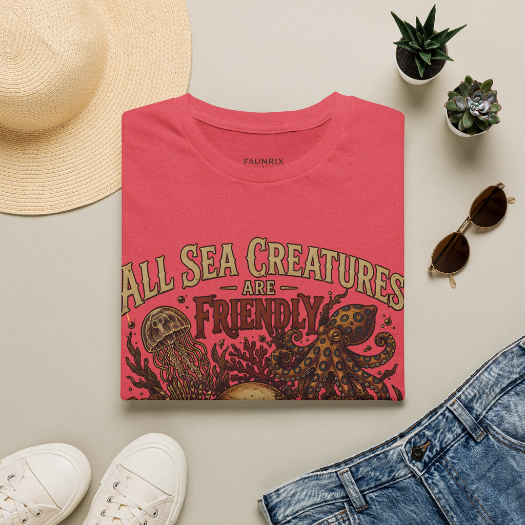 Ocean Creature Graphic T-Shirt — "All Sea Creatures Are Friendly (Some Only Once)" Vintage Skull Octopus Tee