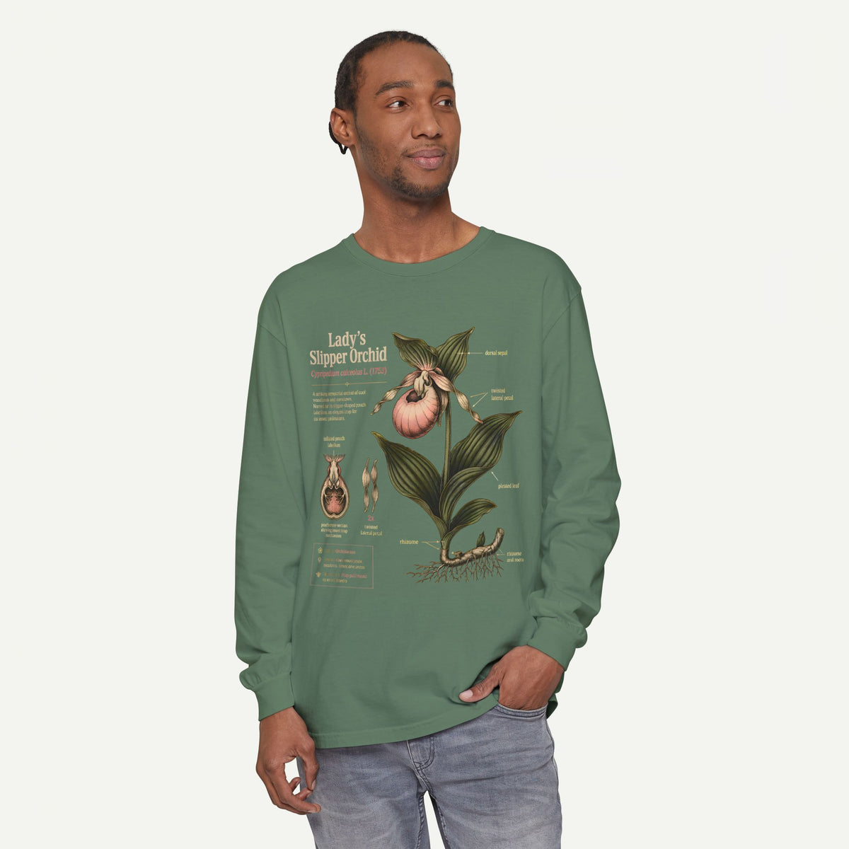Lady's Slipper Botanical Long Sleeve Tee — Vintage Orchid Illustration