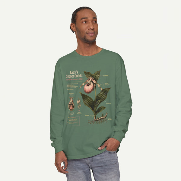 Lady's Slipper Botanical Long Sleeve Tee — Vintage Orchid Illustration