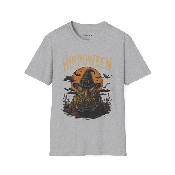 Hippoween Halloween T-Shirt — Hippo in Witch Hat Pumpkin Design