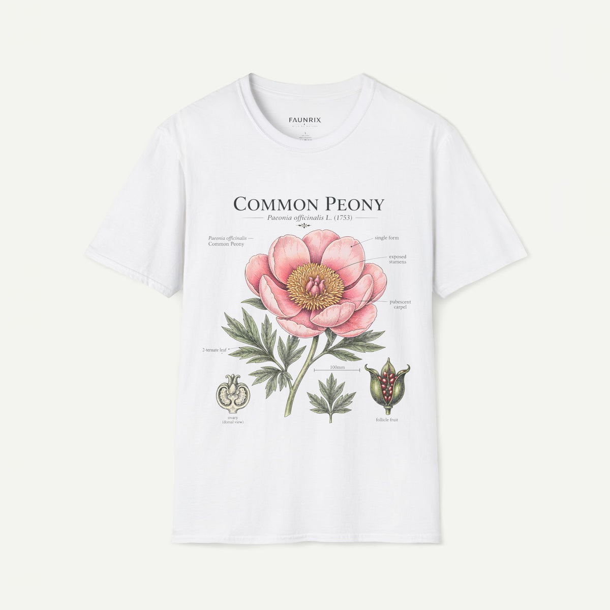 Peony Botanical T-Shirt — "Common Peony" Anatomy Floral Illustration