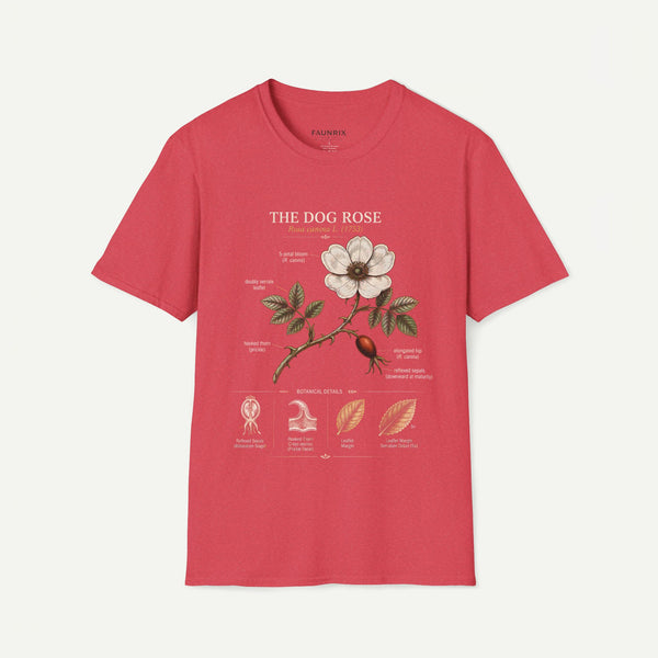 Dog Rose Floral T-Shirt — Botanical Illustration Tee with 'The Dog Rose' Label