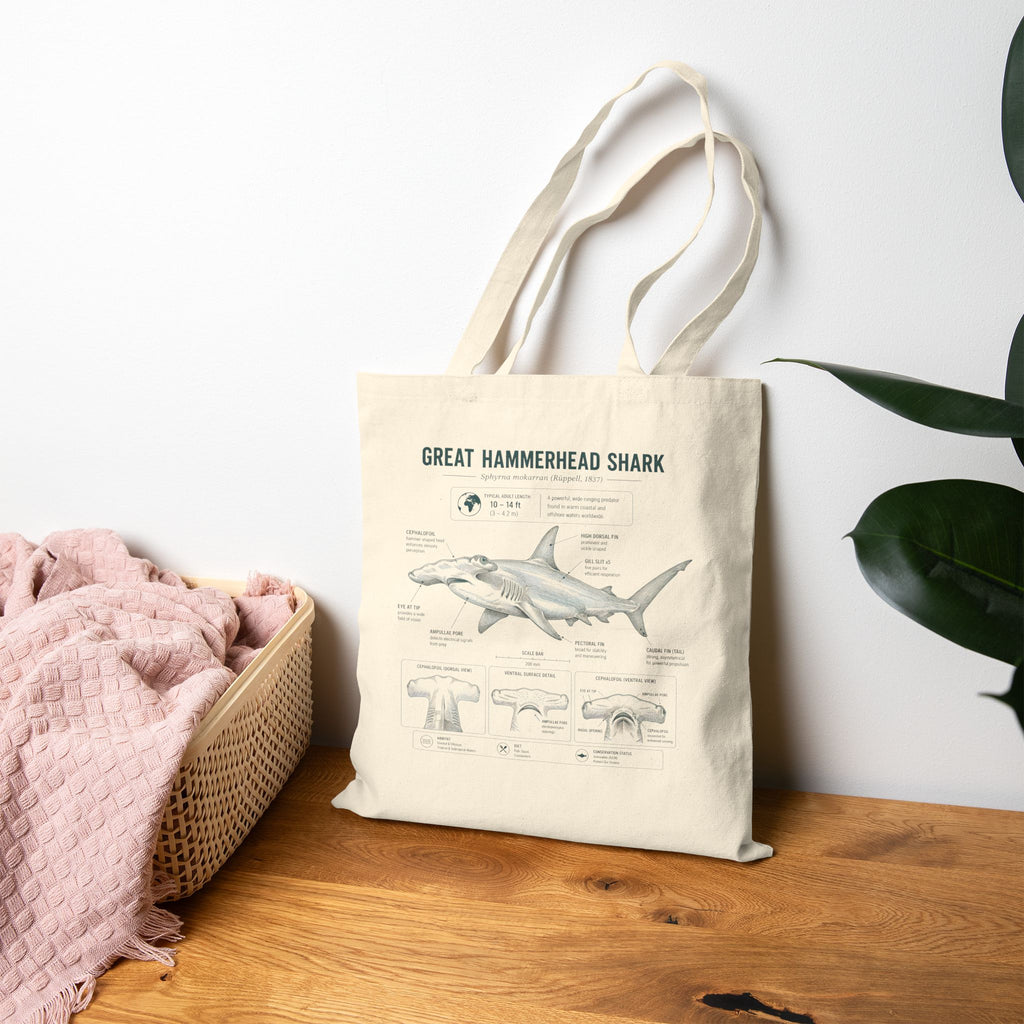 Great Hammerhead Shark Anatomy Canvas Tote Bag — Marine Biology Diagram Beach Bag