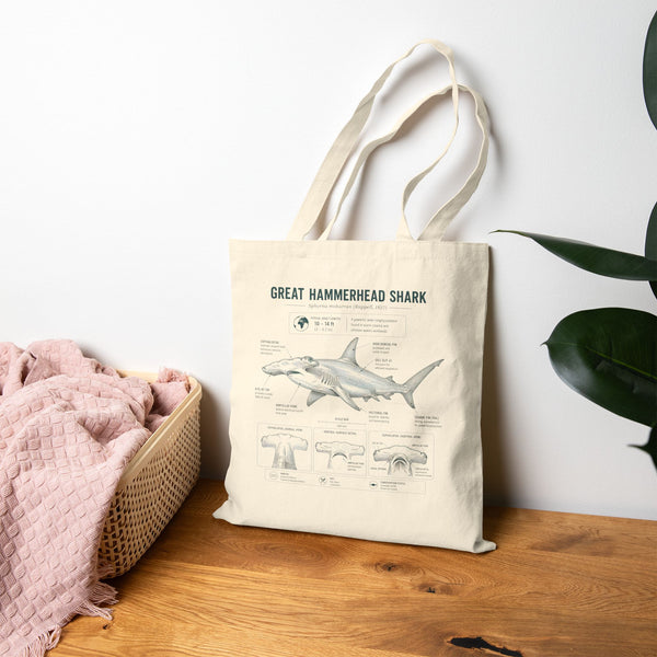 Great Hammerhead Shark Anatomy Canvas Tote Bag — Marine Biology Diagram Beach Bag