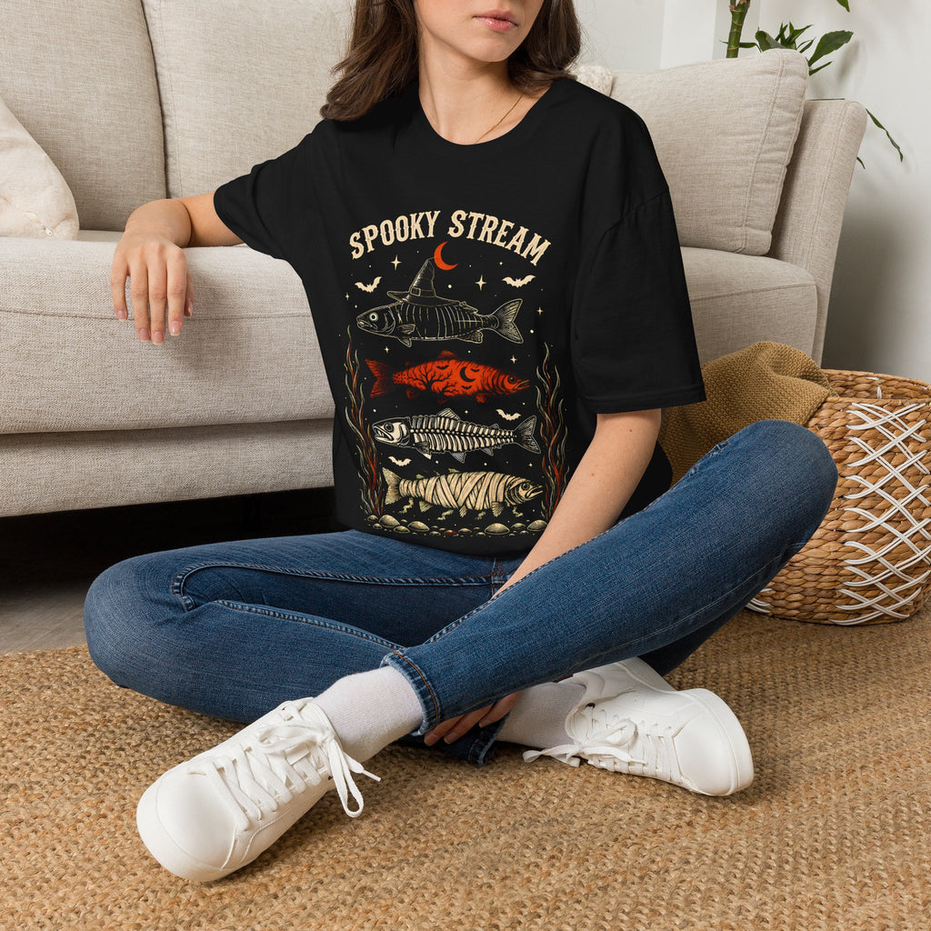 Spooky Stream T-Shirt — Halloween Fish Skeleton Graphic Tee