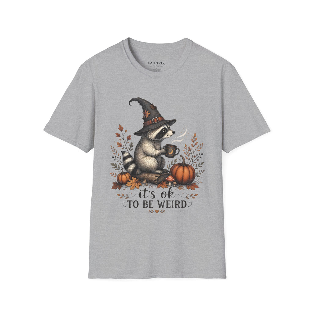 T-Shirt — Cute Raccoon Witch Illustration "It's OK to Be Weird" | Halloween Cozy Fall Graphic Tee