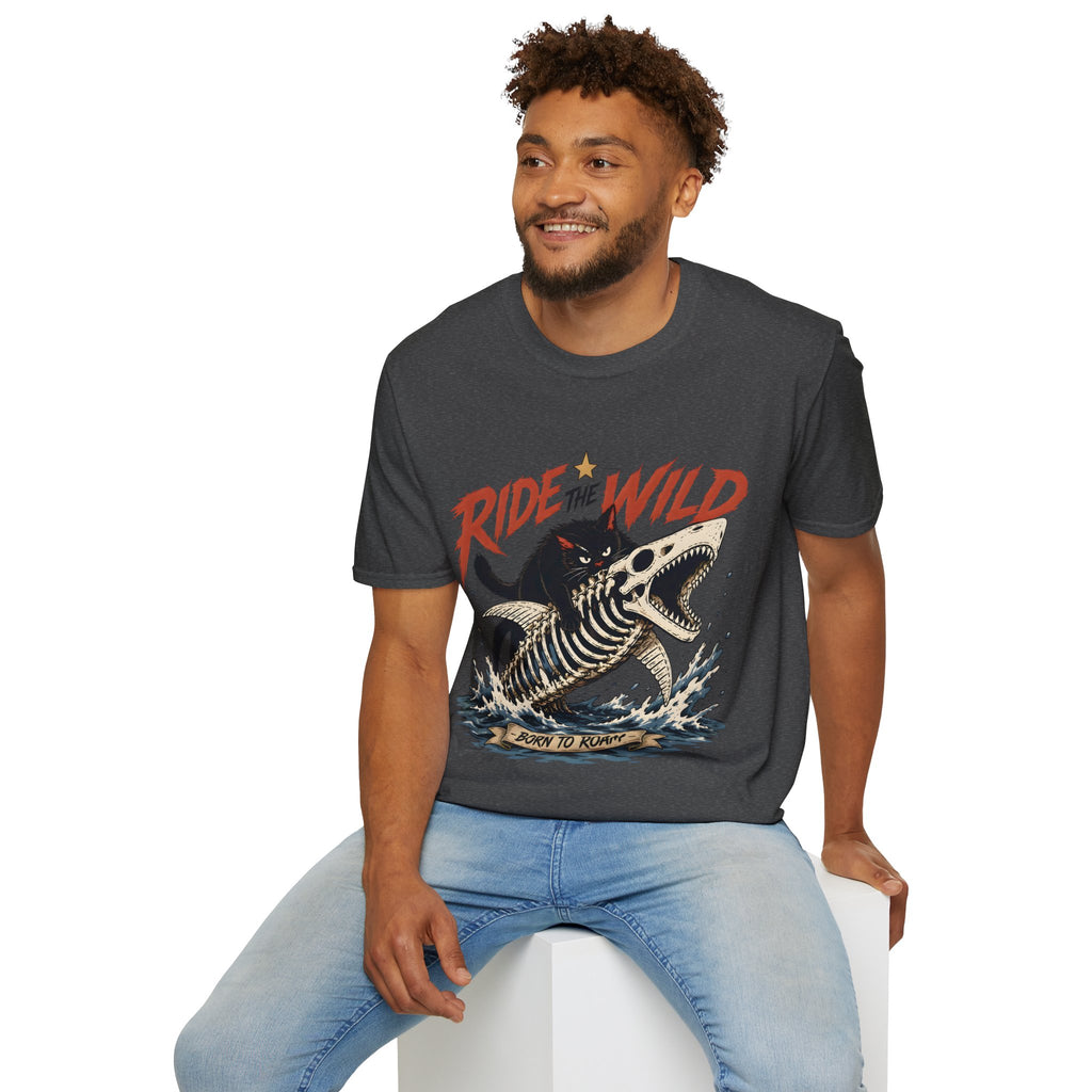 Ride the Wild T-Shirt — Cat Riding Dinosaur Skull Graphic Tee