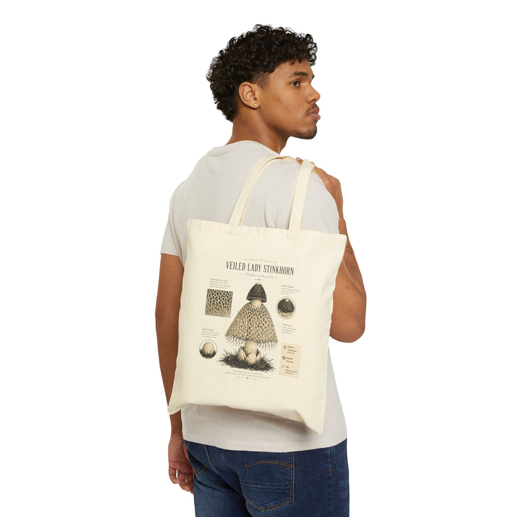 Veiled Lady Stinkhorn Tote Bag — Botanical Mushroom Illustration Canvas Tote