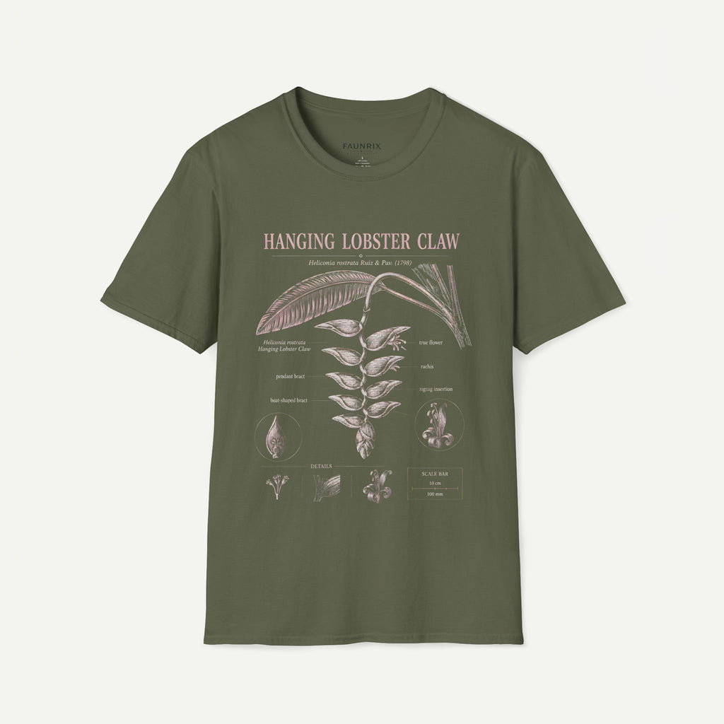 Hanging Lobster Claw Botanical T-Shirt — Vintage Floral Plant Illustration Tee