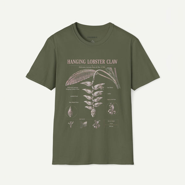 Hanging Lobster Claw Botanical T-Shirt — Vintage Floral Plant Illustration Tee