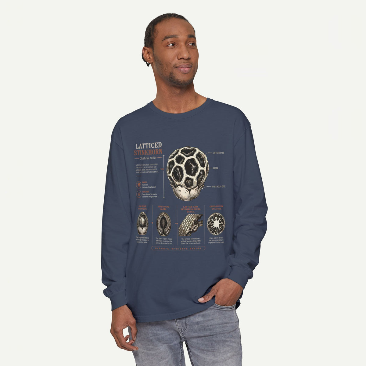 Latticed Stinkhorn Mushroom Diagram Long Sleeve Tee