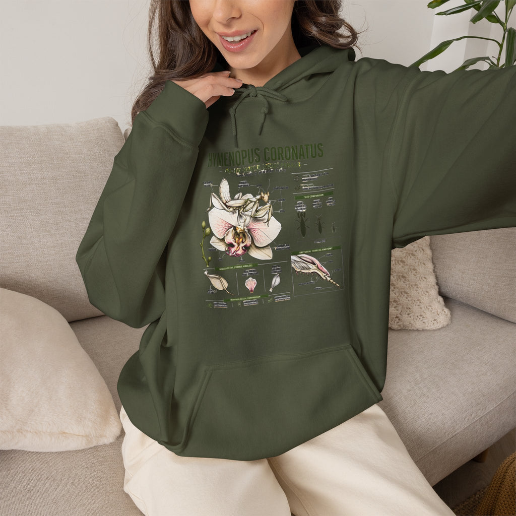 Botanical Hooded Sweatshirt — Hymenopus Coronatus Praying Mantis Illustration
