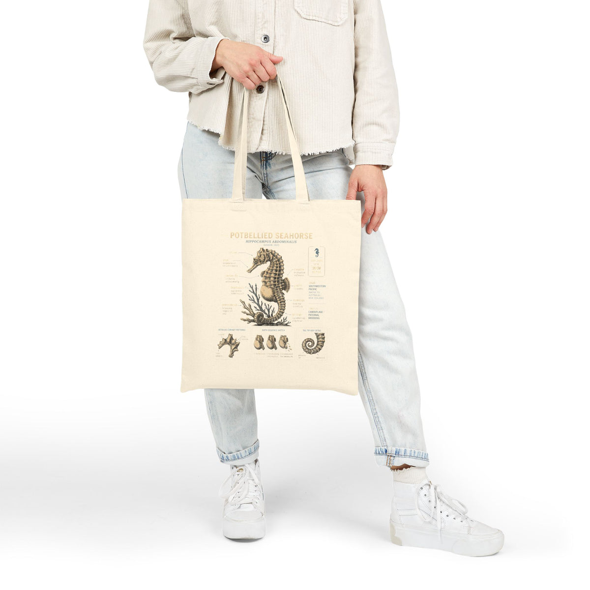 Seahorse Anatomy Canvas Tote Bag – Vintage Marine Biology Illustration Tote