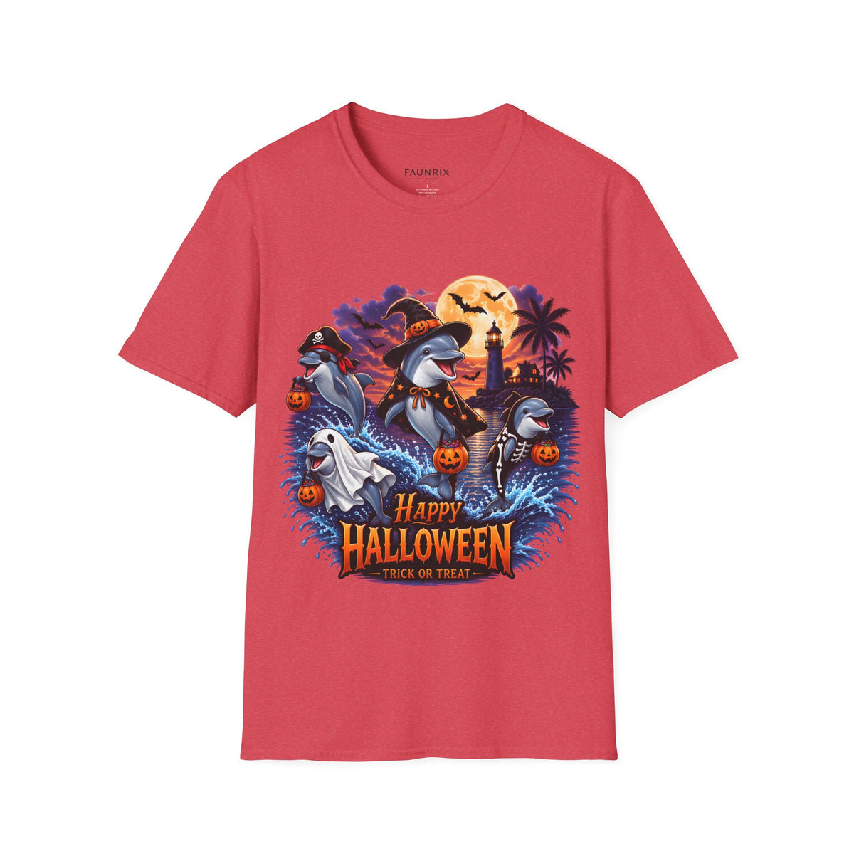 Halloween Dolphin T-Shirt — Cute Spooky Beach Scene with 'Happy Halloween'