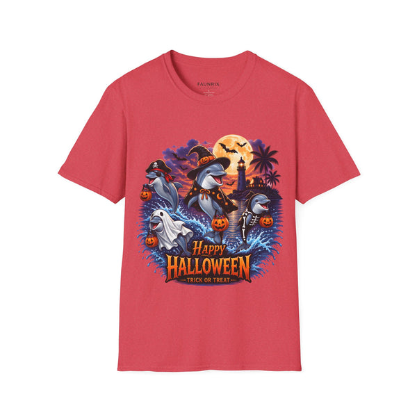 Halloween Dolphin T-Shirt — Cute Spooky Beach Scene with 'Happy Halloween'