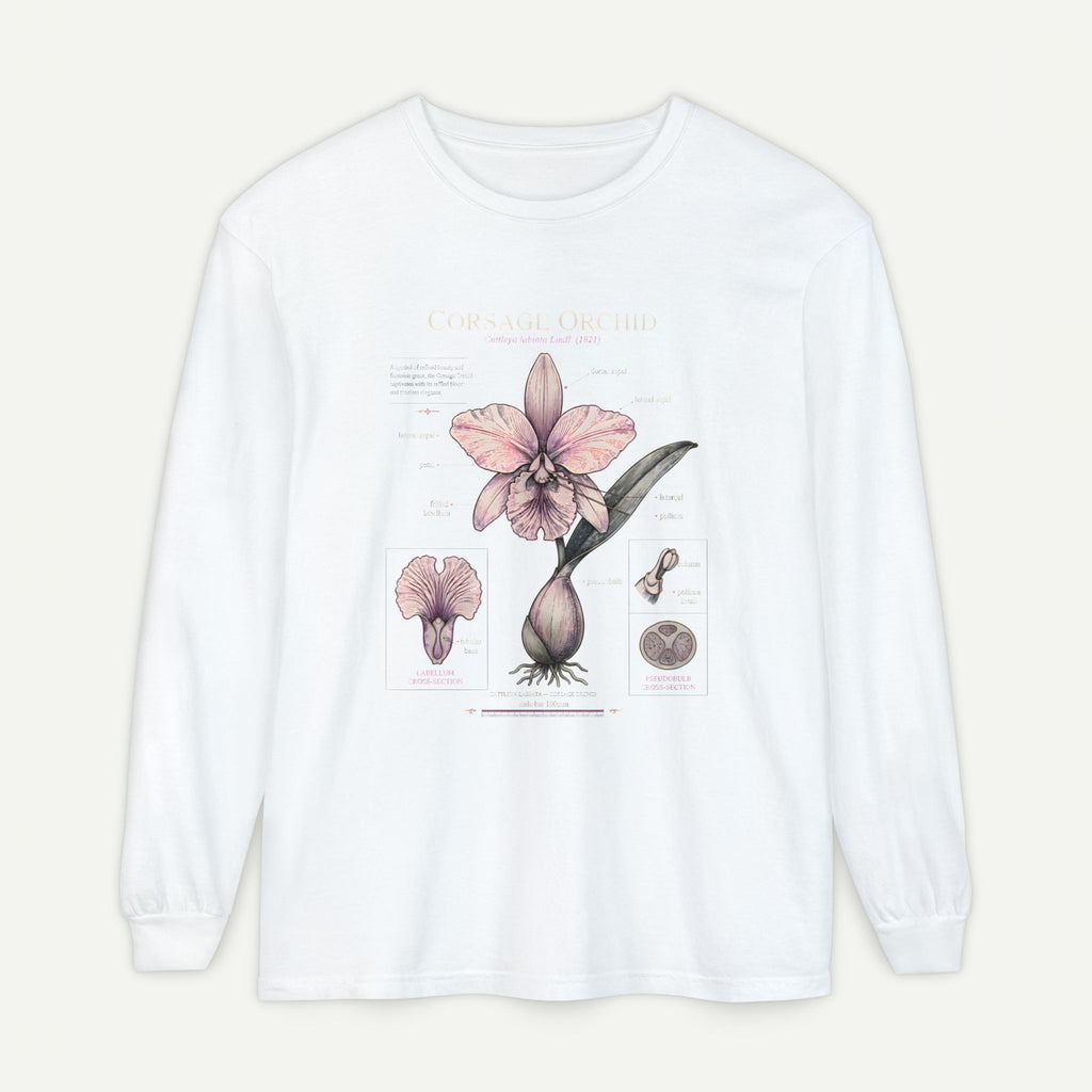 Orchid Botanical Long Sleeve Tee — Vintage Floral Plant Diagram