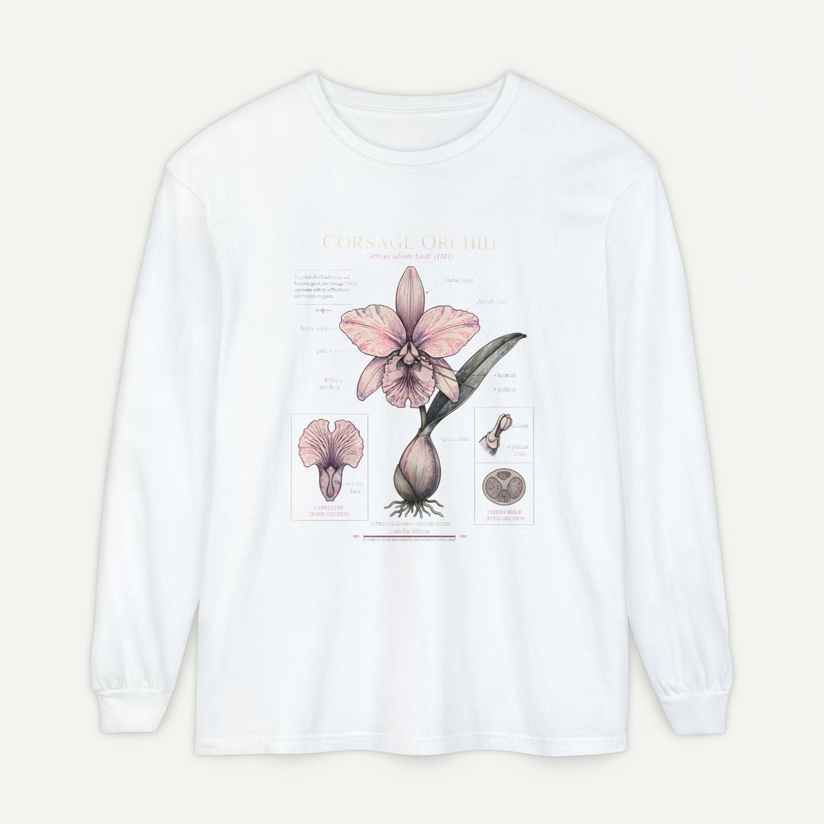 Orchid Botanical Long Sleeve Tee — Vintage Floral Plant Diagram