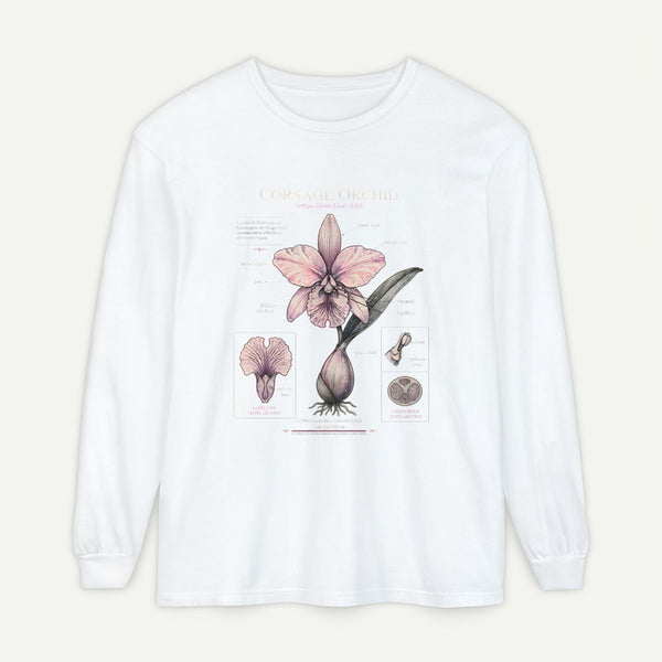 Orchid Botanical Long Sleeve Tee — Vintage Floral Plant Diagram