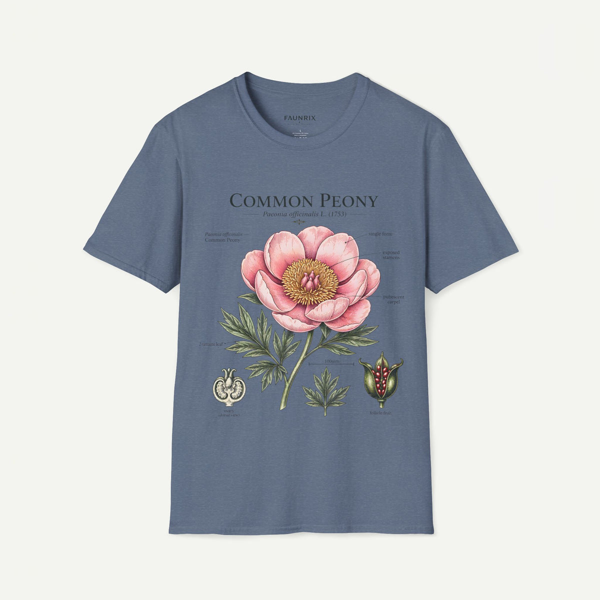 Peony Botanical T-Shirt — "Common Peony" Anatomy Floral Illustration