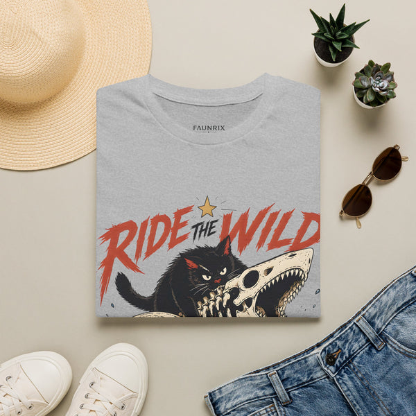 Ride the Wild T-Shirt — Cat Riding Dinosaur Skull Graphic Tee