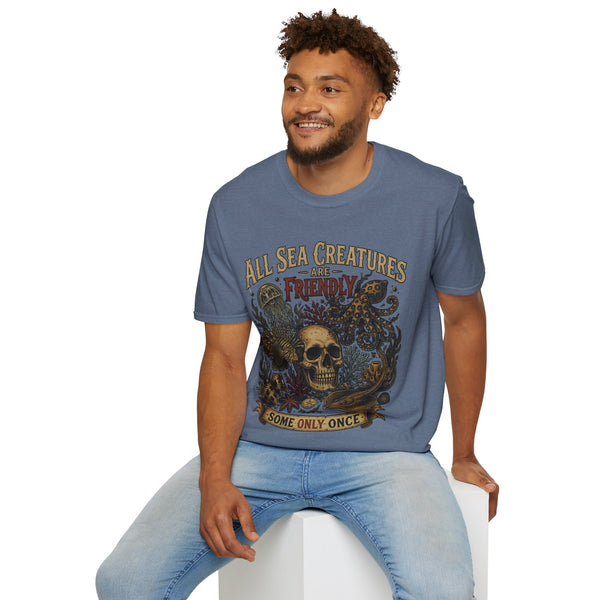 Ocean Creature Graphic T-Shirt — "All Sea Creatures Are Friendly (Some Only Once)" Vintage Skull Octopus Tee