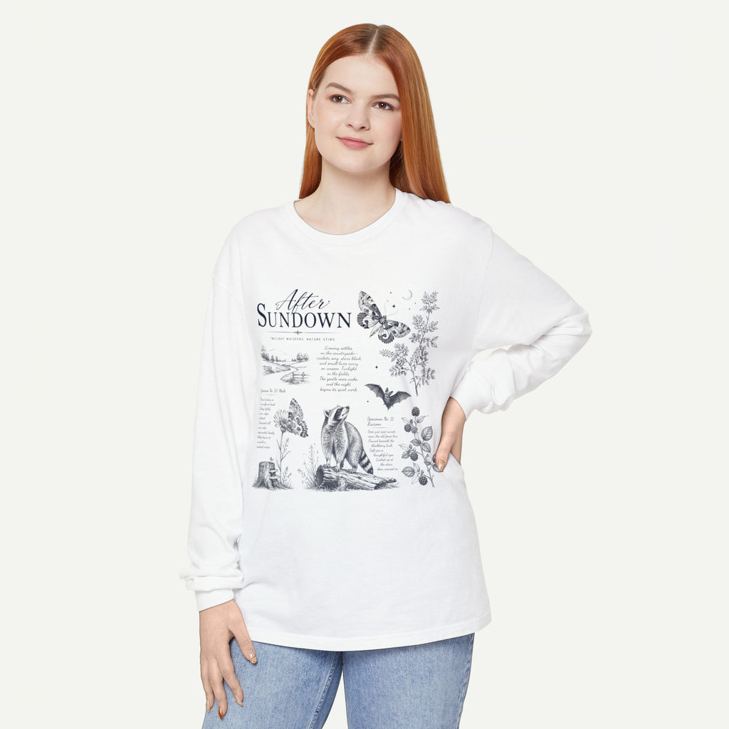 After Sundown Long Sleeve Tee — Vintage Moonlit Nature Graphic