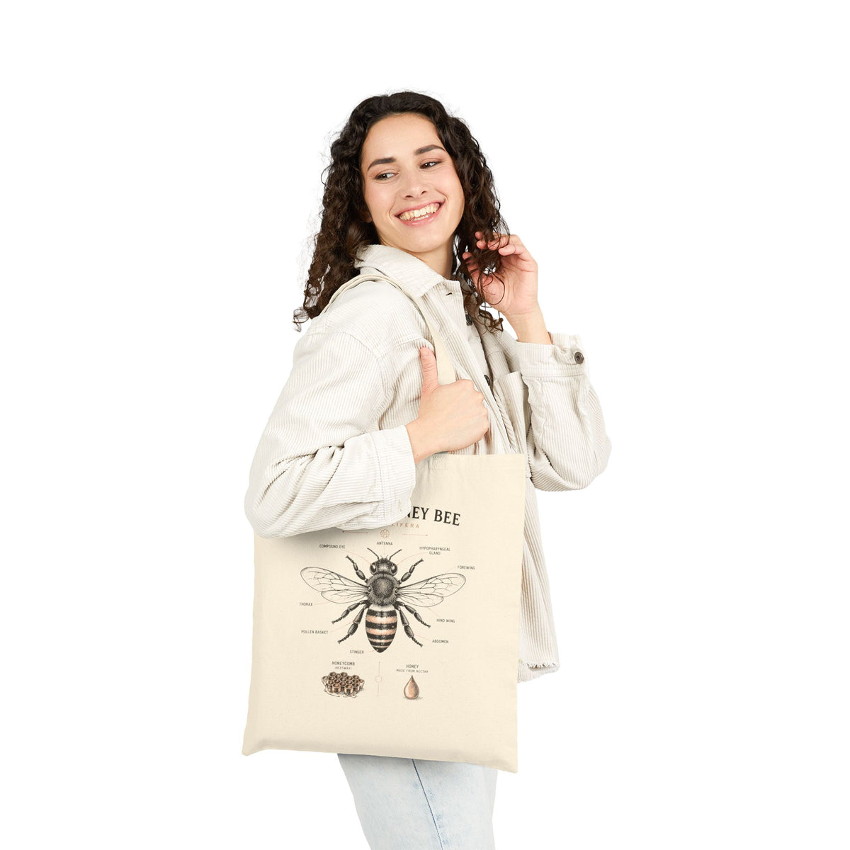 Western Honey Bee Anatomy Tote Bag — Vintage Botanical Bee Illustration
