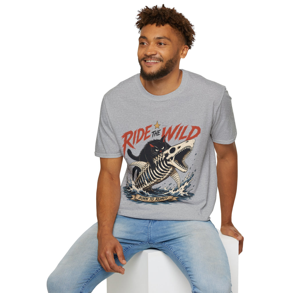 Ride the Wild T-Shirt — Cat Riding Dinosaur Skull Graphic Tee