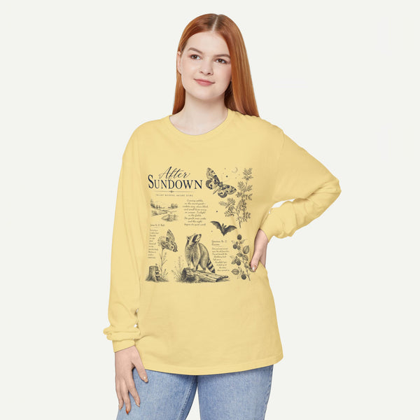 After Sundown Long Sleeve Tee — Vintage Moonlit Nature Graphic