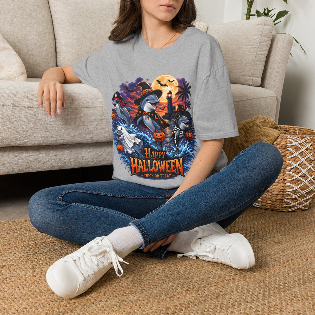 Halloween Dolphin T-Shirt — Cute Spooky Beach Scene with 'Happy Halloween'