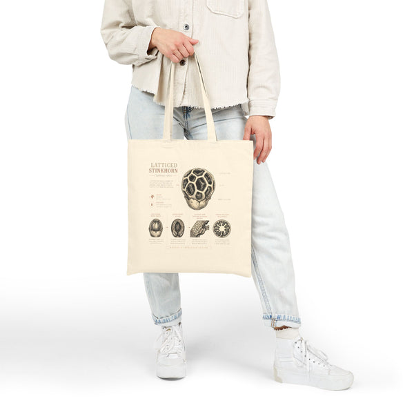 Latticed Stinkhorn Mushroom Canvas Tote Bag – Botanical Mycology Illustration