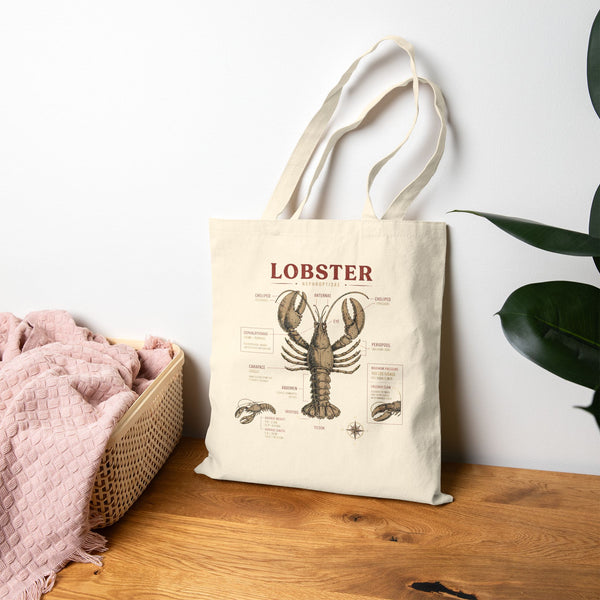 Lobster Anatomy Canvas Tote Bag — Vintage Seafood Illustration Grocery Market Tote