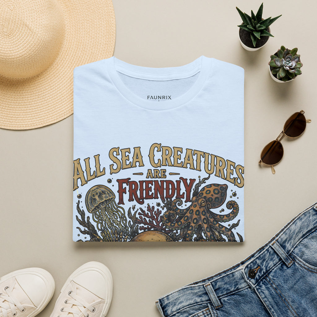 Ocean Creature Graphic T-Shirt — "All Sea Creatures Are Friendly (Some Only Once)" Vintage Skull Octopus Tee