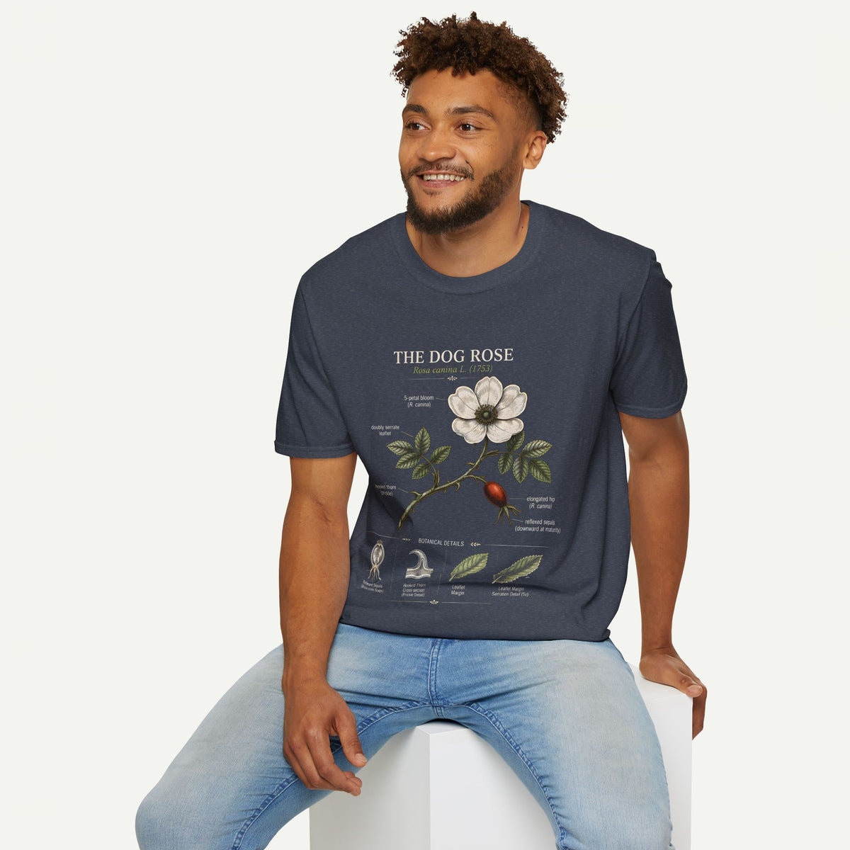 Dog Rose Floral T-Shirt — Botanical Illustration Tee with 'The Dog Rose' Label