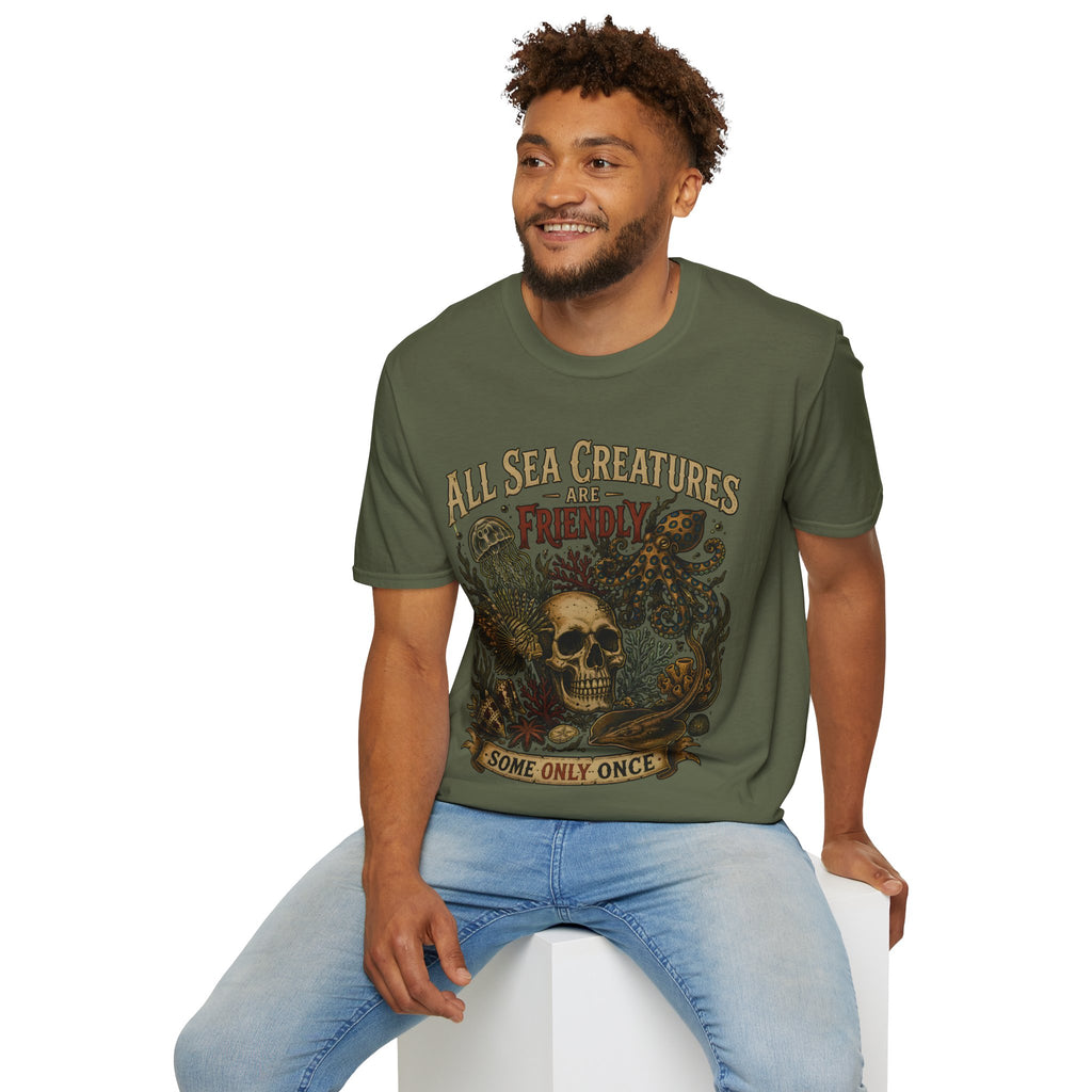Ocean Creature Graphic T-Shirt — "All Sea Creatures Are Friendly (Some Only Once)" Vintage Skull Octopus Tee