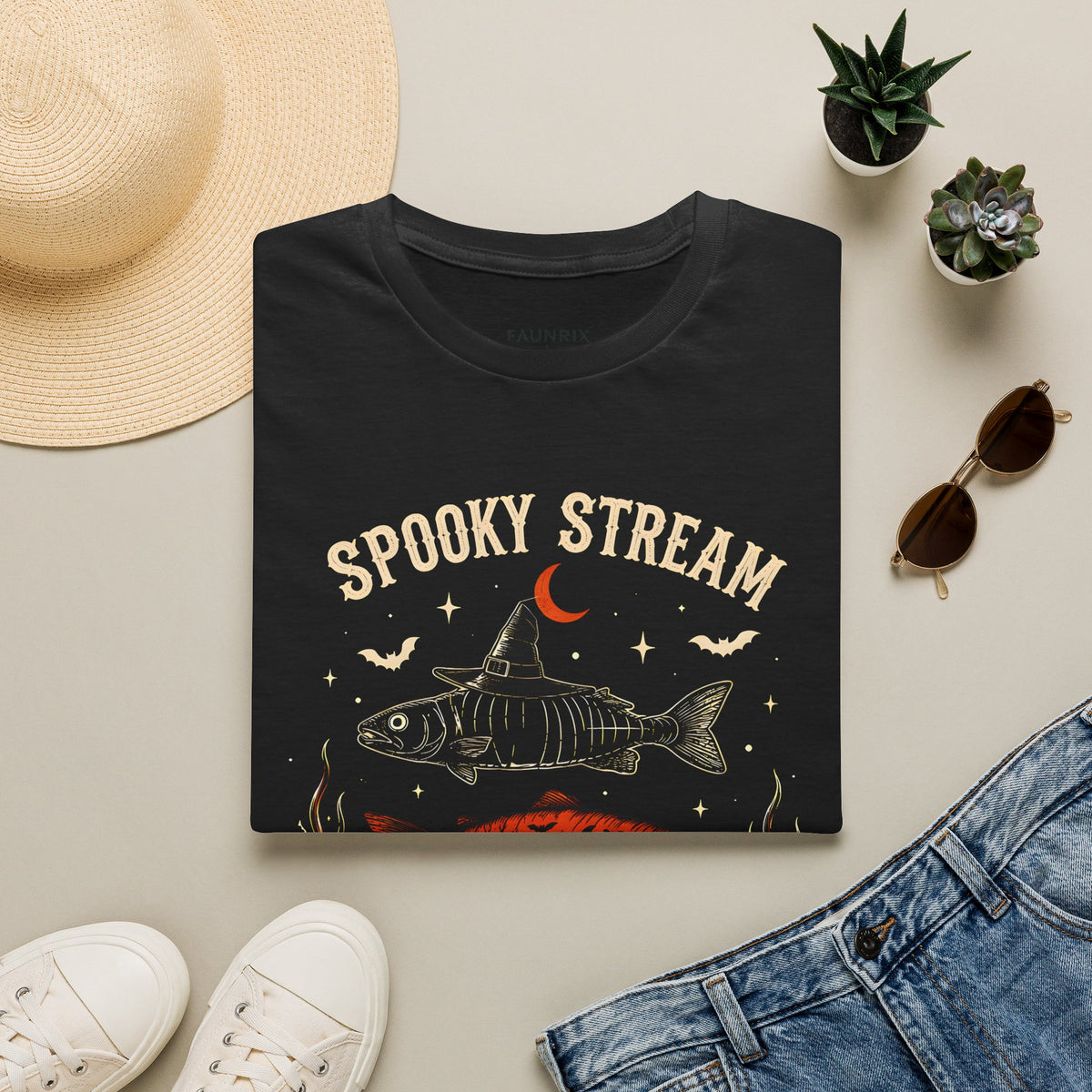 Spooky Stream T-Shirt — Halloween Fish Skeleton Graphic Tee
