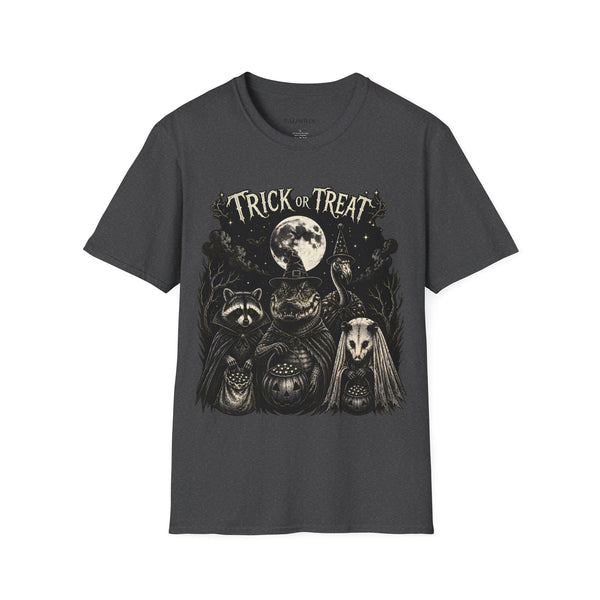 Trick or Treat Halloween T-Shirt — Vintage Moonlit Witch & Spooky Animals Tee