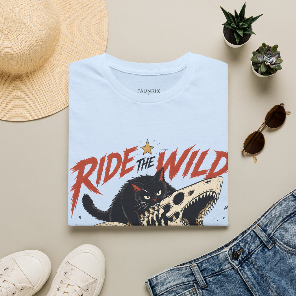 Ride the Wild T-Shirt — Cat Riding Dinosaur Skull Graphic Tee