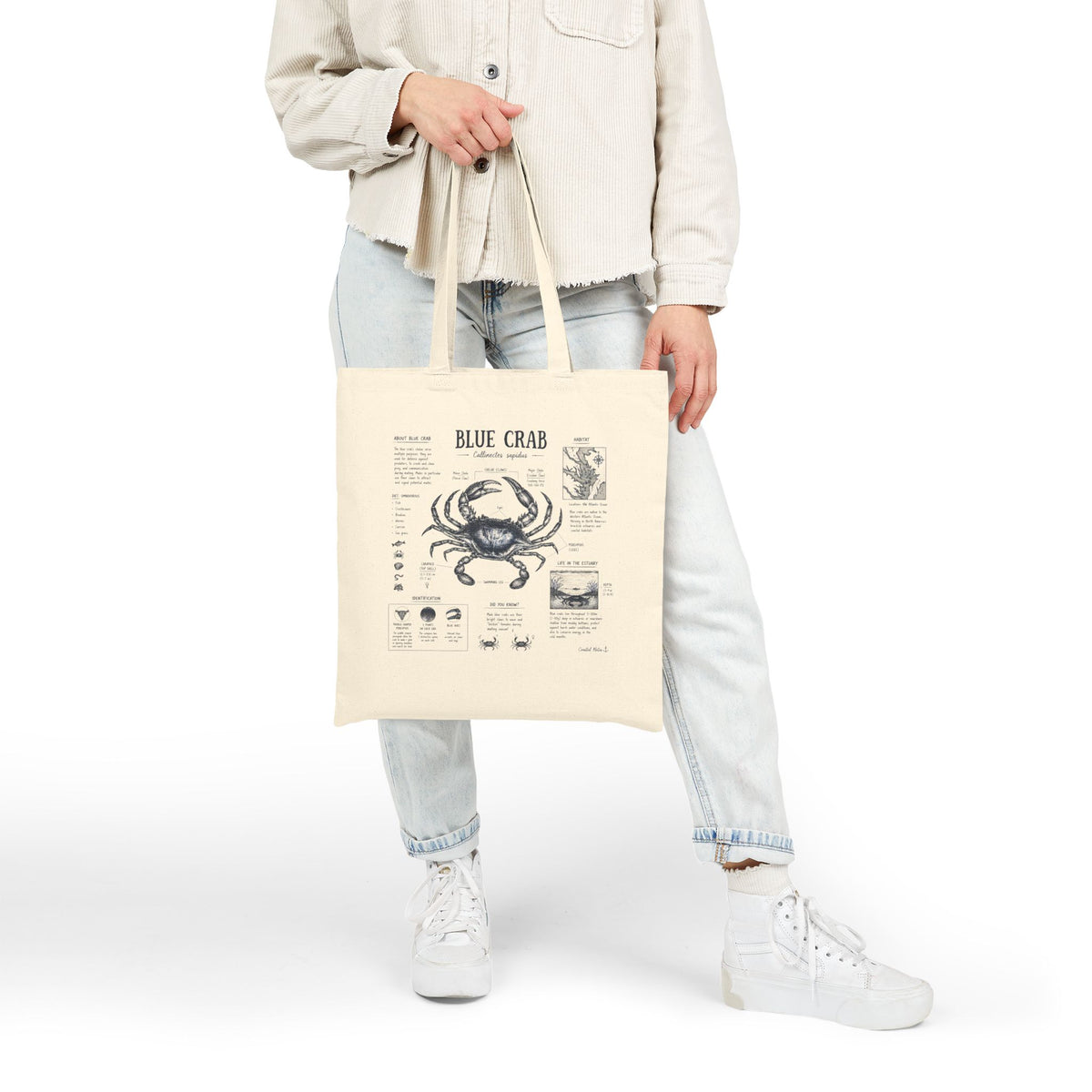 Blue Crab Anatomy Canvas Tote Bag — Nautical Vintage Seafood Diagram Shopper