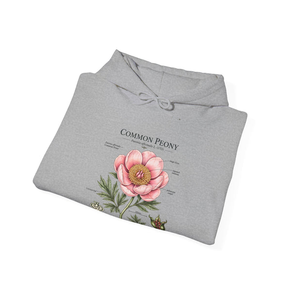 Peony Botanical Hoodie — "Common Peony" Vintage Floral Diagram Sweatshirt