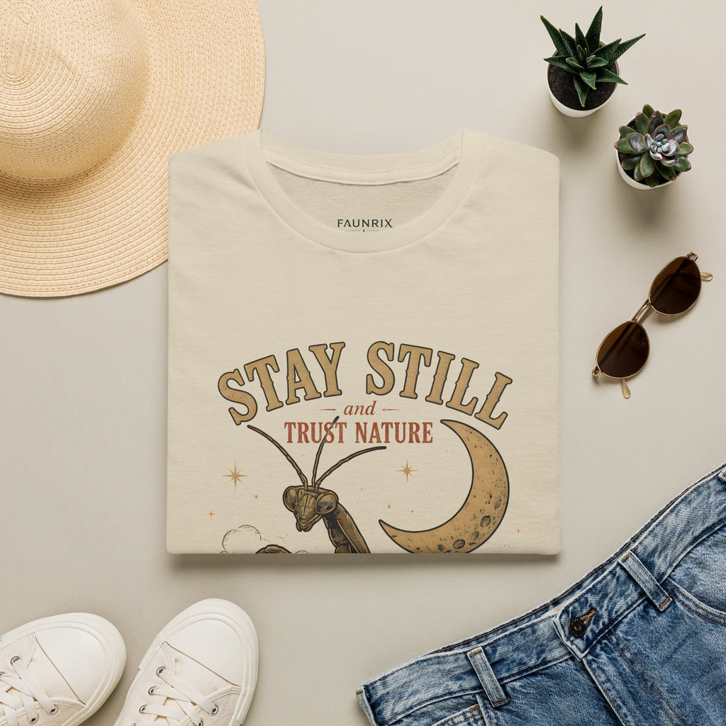 T‑Shirt — Stay Still and Trust Nature Praying Mantis & Moon Graphic Tee