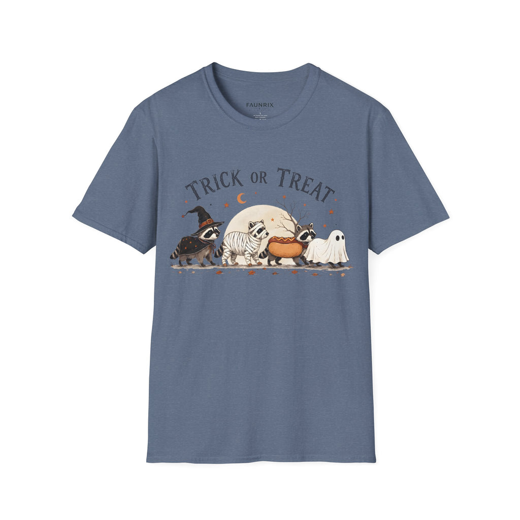 Trick or Treat Halloween T-Shirt — Cute Costume Raccoon, Mummy & Ghost Graphic