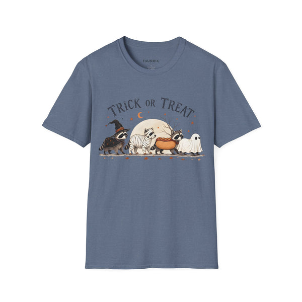 Trick or Treat Halloween T-Shirt — Cute Costume Raccoon, Mummy & Ghost Graphic