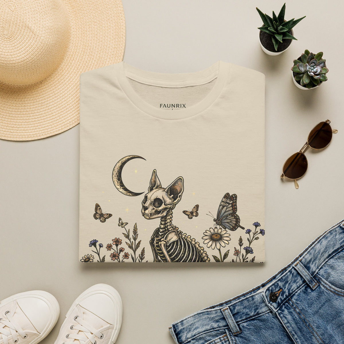 Skeleton Cat Moon T-Shirt — Gothic Floral Skull Tee