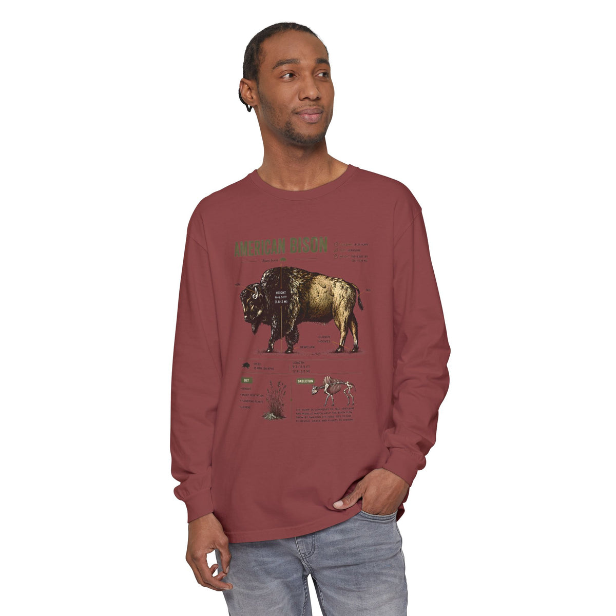 American Bison Anatomy Long Sleeve Tee — Vintage Wildlife Diagram Shirt