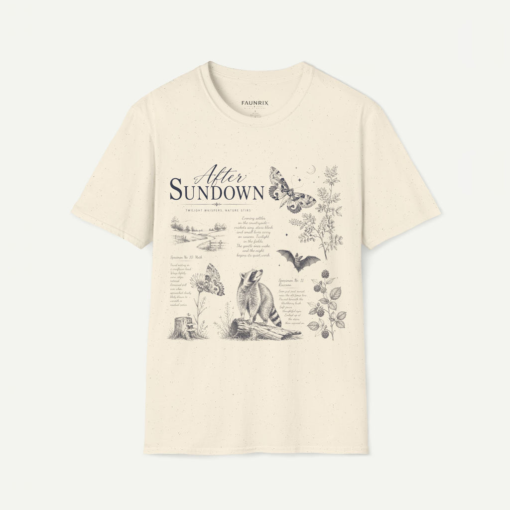 After Sundown T-Shirt — Vintage Nightscape Tee with Butterfly & Nature Illustrations