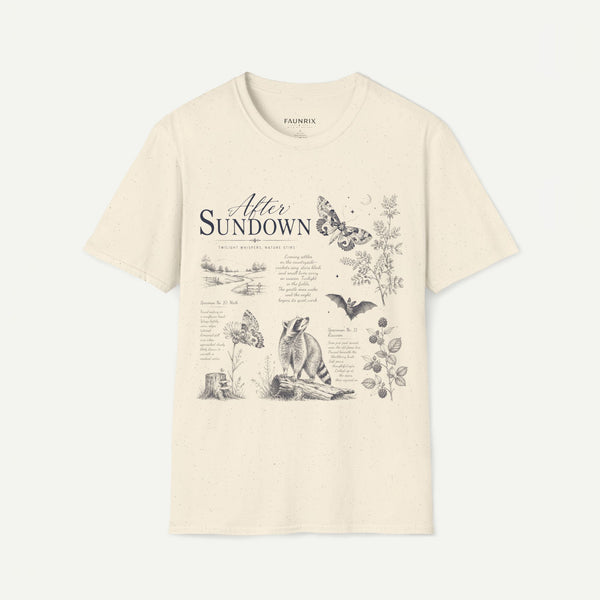 After Sundown T-Shirt — Vintage Nightscape Tee with Butterfly & Nature Illustrations