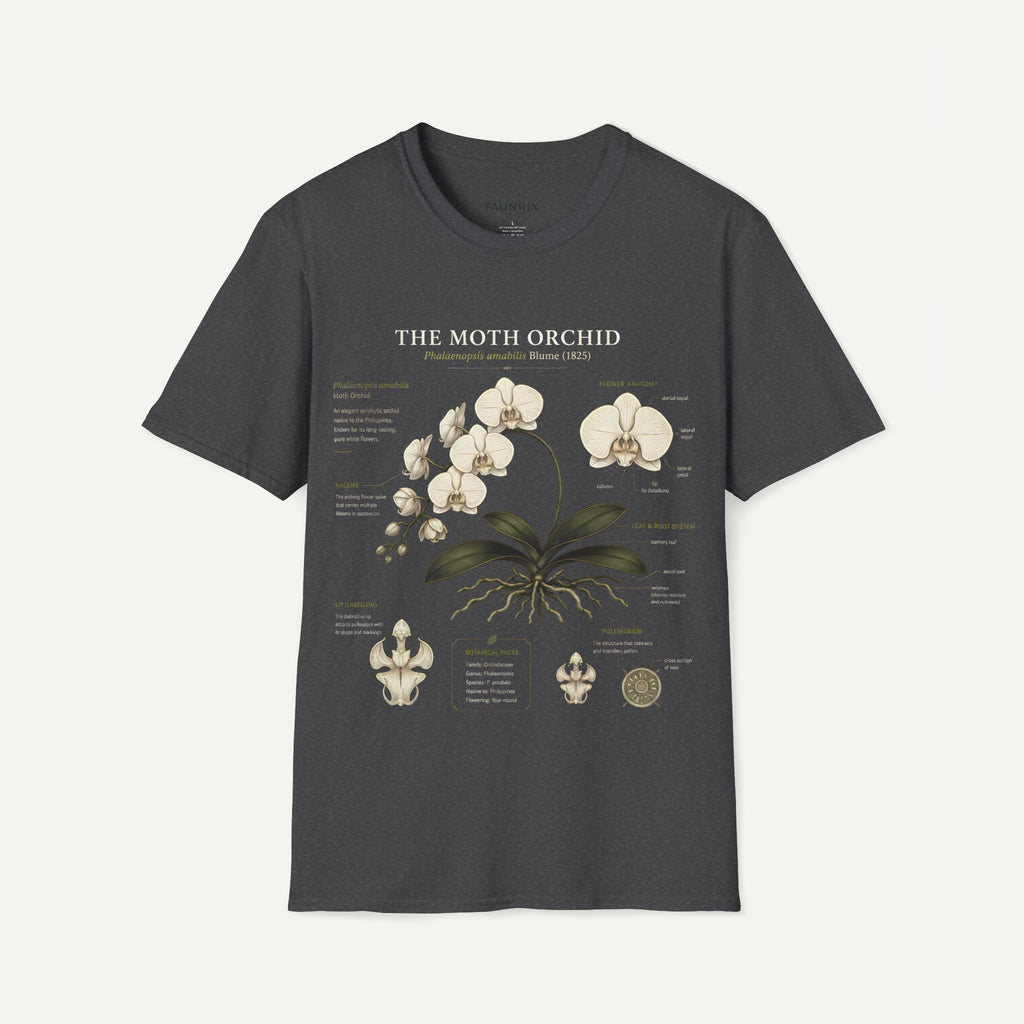 Moth Orchid Anatomy T‑Shirt — Elegant White Phalaenopsis Floral Tee