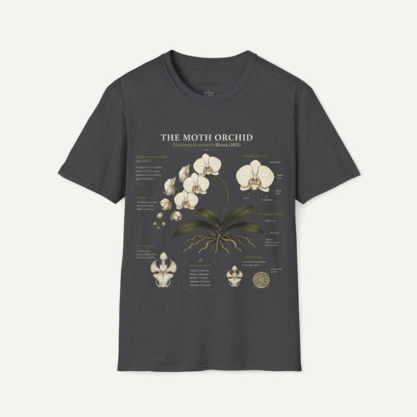 Moth Orchid Anatomy T‑Shirt — Elegant White Phalaenopsis Floral Tee