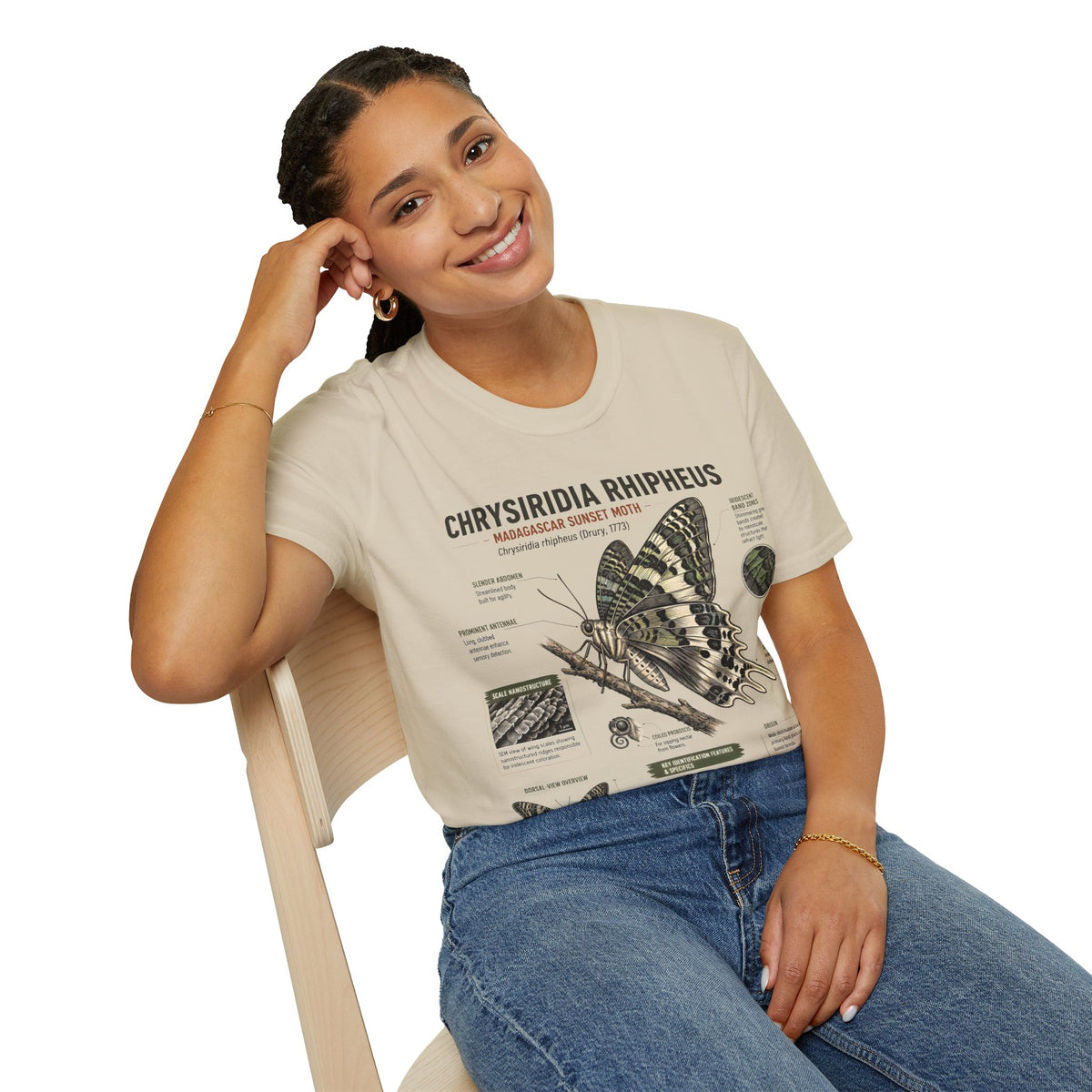 Moth Anatomy Tee — Chrysiridia Rhipheus Madagascar Sunset Moth Scientific Print